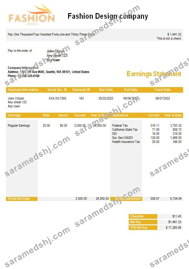 Fashion company payslip template in Word and PDF formats